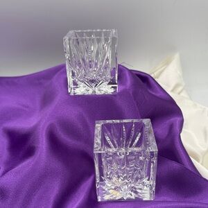 Crystal Square Candle Holders (2) Waterford; with Cross on one side of the Cube.